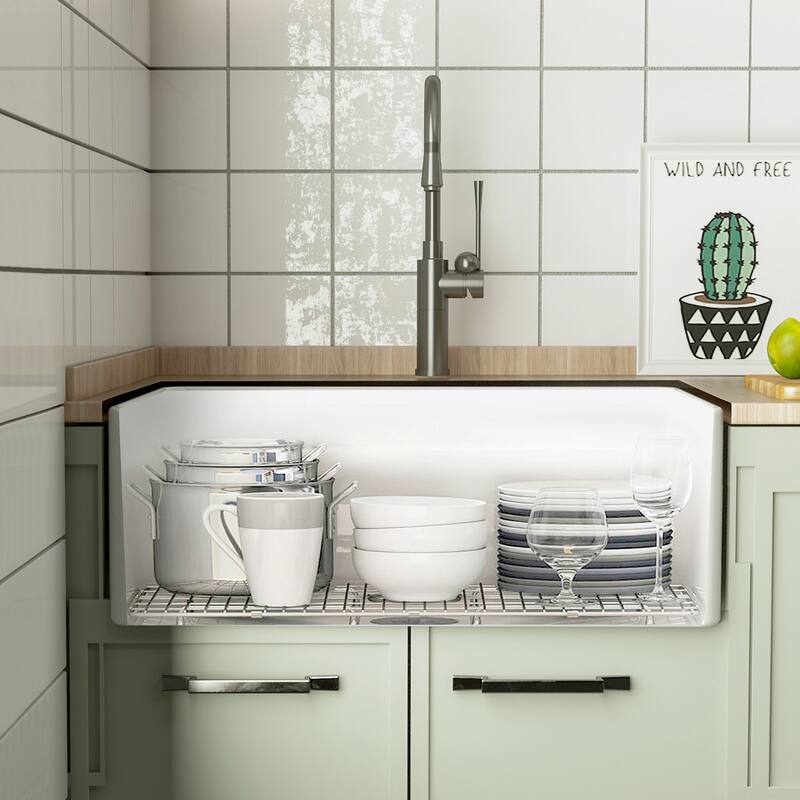 HOROW 30 in. White Fireclay Apron-Front Kitchen Sink, Single Bowl Design with Grid and Strainer