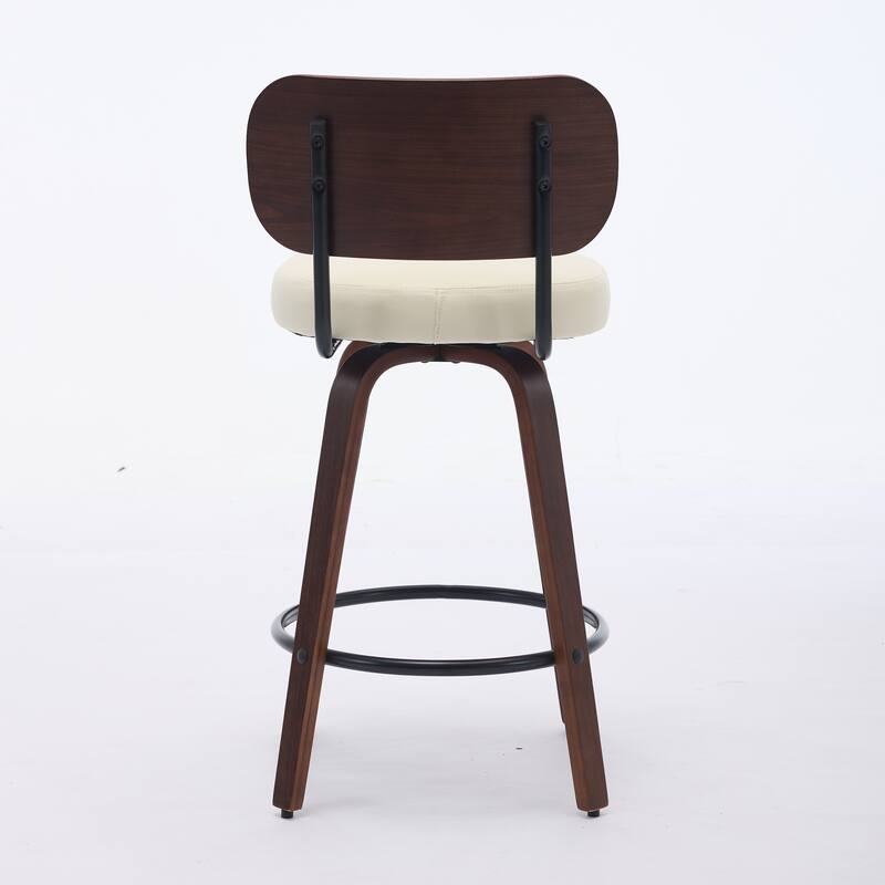 360° Swivel Bar Stools Set of 2 Faux Leather Counter Height Barstools with Walnut Back, Bentwood Legs and Metal Footrest