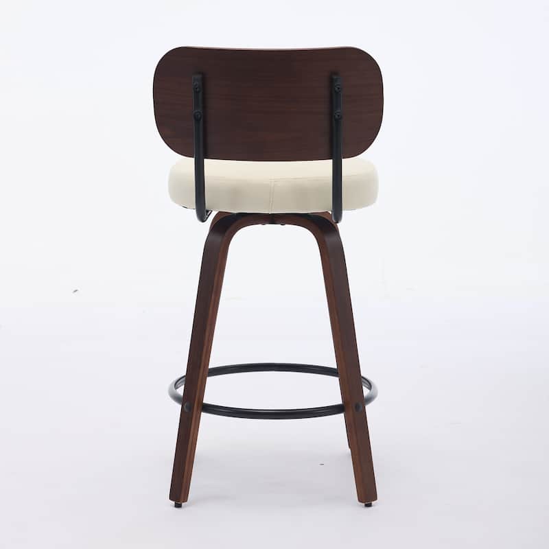 Set of 2 Swivel Bar Stools‌ – 26" faux leather seats, walnut backs & bentwood legs. Mid-century modern style for kitchen islands