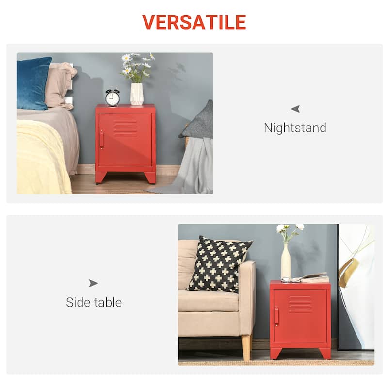 Industrial Red End Table with Locker-Style Door and Adjustable Shelf for Living Room