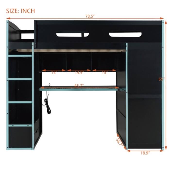 Full Size Wood Loft Bed with Desk - Features Wardrobe, Ample Storage & RGB LED Lights