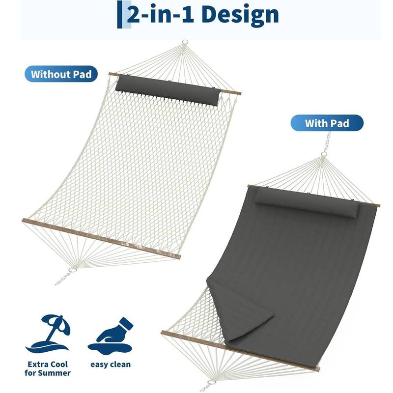 2 in 1 Outdoor Hammock with Cotton Rope and Polyester Pad for Patio, Backyard, Garden, Beach