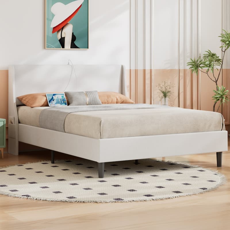 VECELO Bed Frame with Upholstered Wingback Headboard Platform Bedframe with Charging Station & Side Pockets - White - Queen