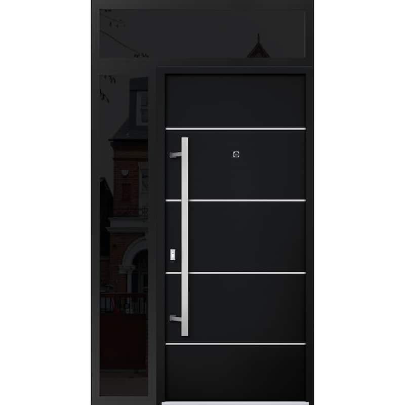 Front Prehung Steel Door 6083 Black Enamel Top Window Sidelite Stainless Inserts W36xH80+16 Lh I Bedroom Door Bathroom Door - Black - 48 x 96