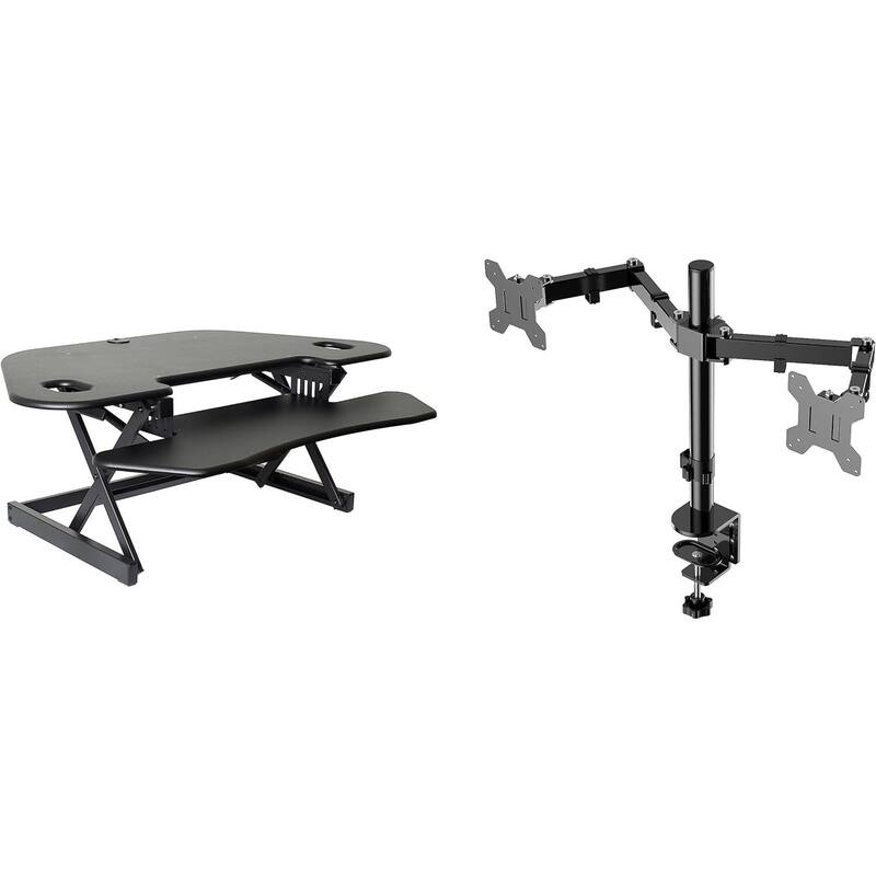 Rocelco 46 in. W Black Height Adjustable Corner Standing Desk Converter with Dual Monitor Arm and Extra Tray Platform