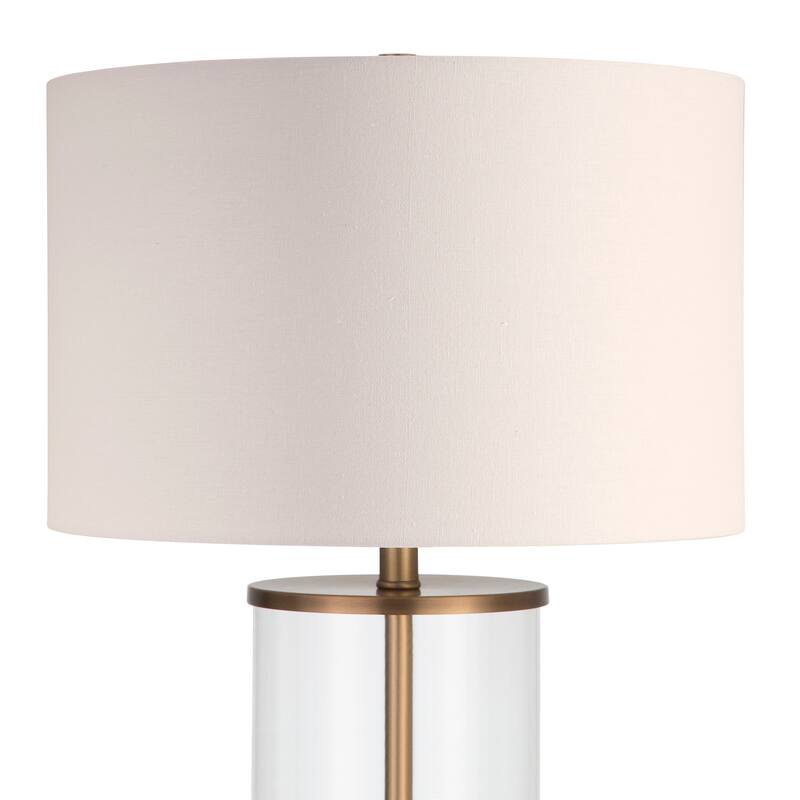 Reeves Cylindrical Clear Glass & Antique Brass Table Lamp with Linen Shade