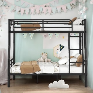 Full XL Over Queen Metal Bunk Bed with Guardrails and Ladder