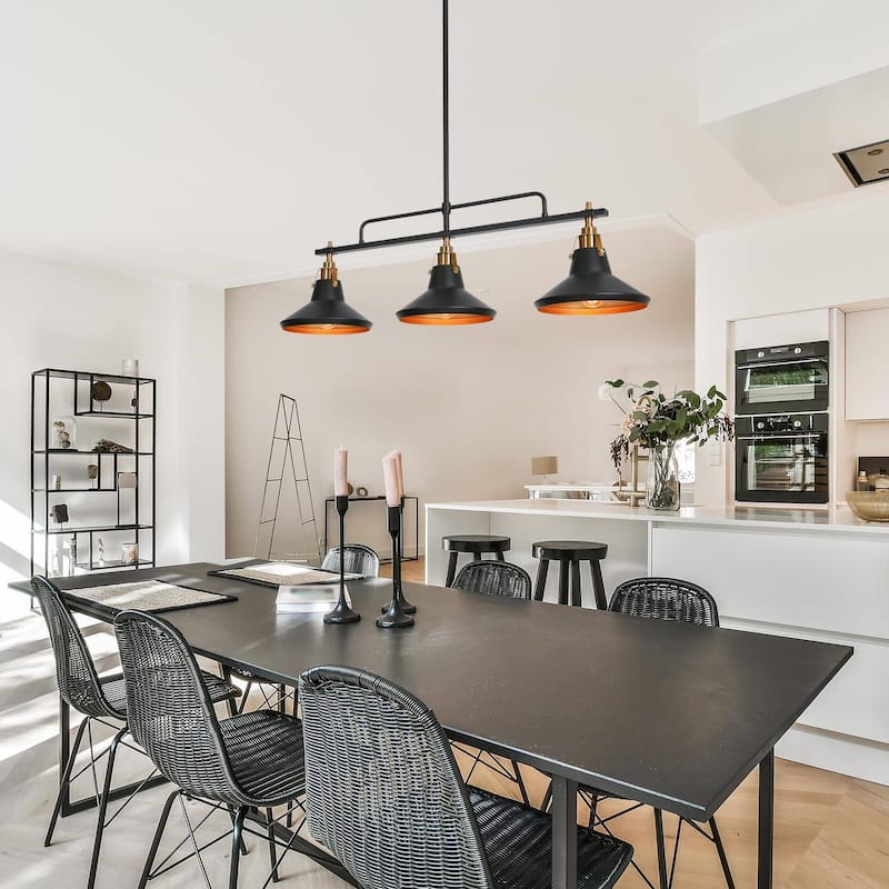 Modern Industrial 3-Light Linear Chandelier Black Gold Metal Pendant Lights for Dining Room - 34'' L x 9'' W x 10.5'' H