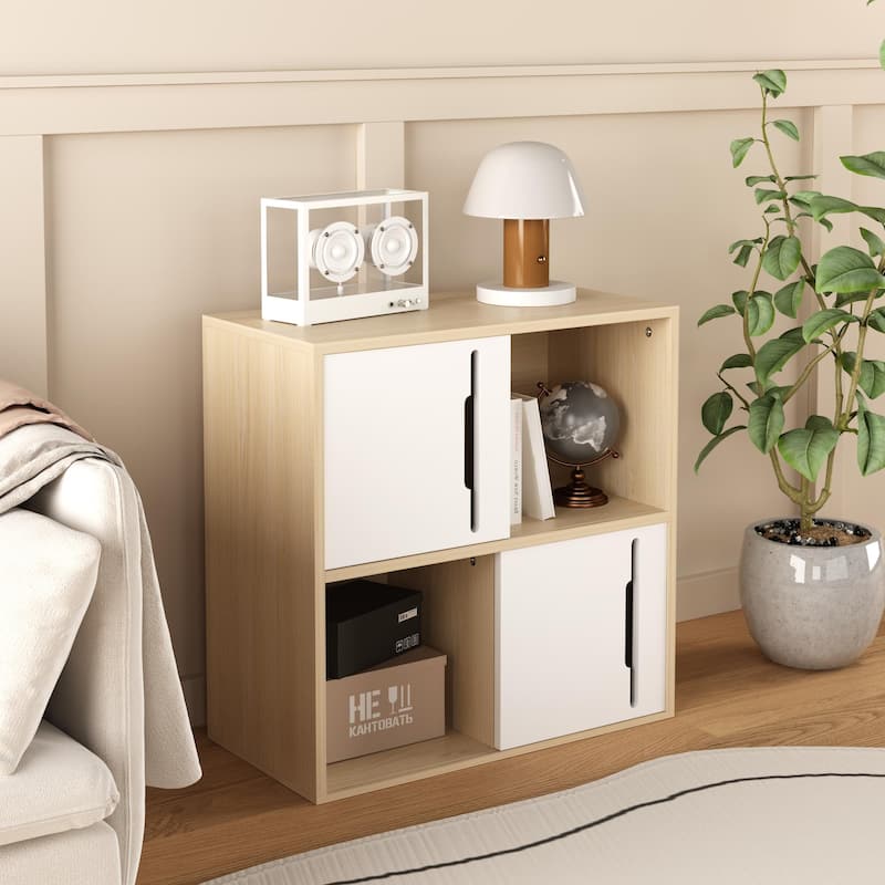 Light Wood 4 Cube Storage Organizer with Cabinet Doors