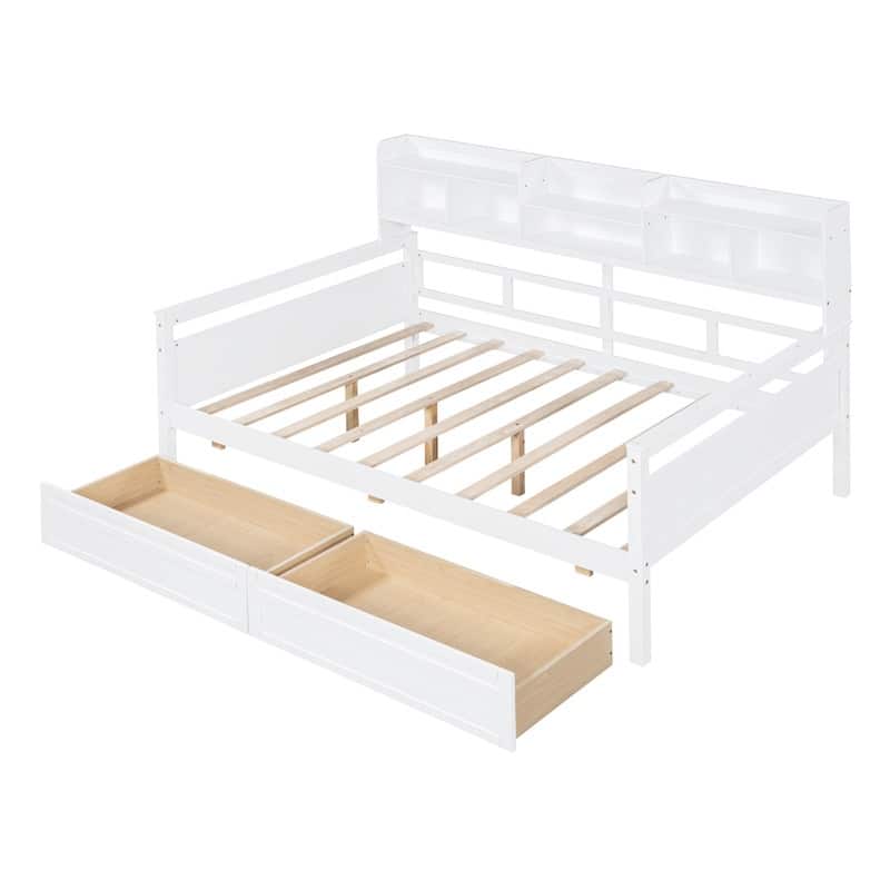 Full size Wood Daybed with Storage Shelf and Two Drawers