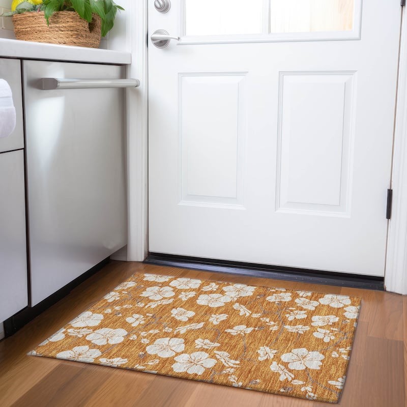 Premium Washable Super Soft Modern Floral Mayfield Rug - Paprika - 1'8" x 2'6"