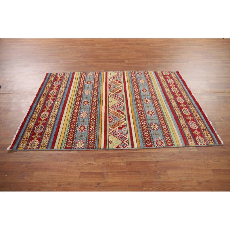 Striped Kazak Oriental Accent Rug Handmade Wool Carpet - 4'2" x 6'0"