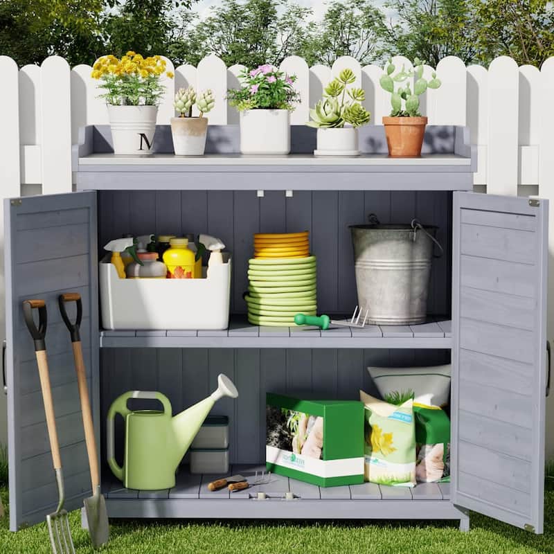 Outdoor Garden Storage Cabinet with Galvanized Top，Wooden Potting Bench Table Workbench with 2 Magnetic Close Doors