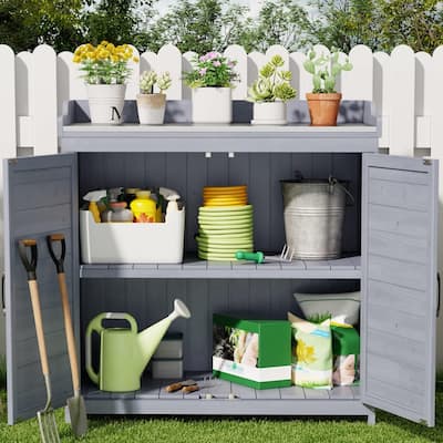 Outdoor Garden Storage Cabinet with Galvanized Top，Wooden Potting Bench Table Workbench with 2 Magnetic Close Doors