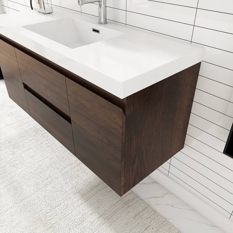 MDF Wall-Mounted Bathroom Vanity Set in Rose Wood with Integrated Culture Marble Sink