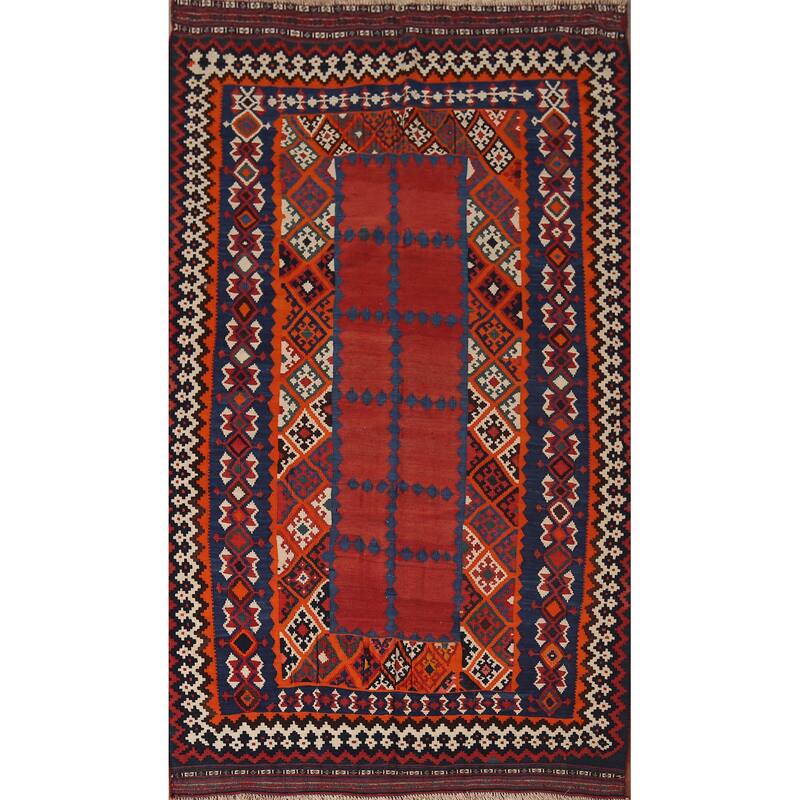 Vegetable Dye Kilim Qashqai Persian Vintage Hand-Woven Wool Carpet - 5'4"x 8'8"