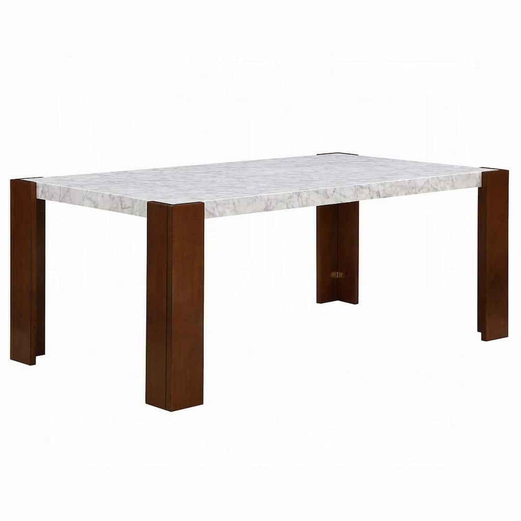 Dining Table, 72 Inch White Rectangular Faux Marble Top, Brown Wood
