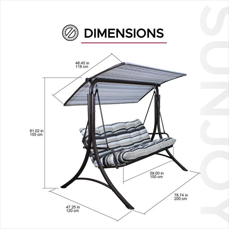 SUNJOY 3 Seat Deluxe Patio Swing Steel Frame, Adjustable Canopy Cushions Made in Italy