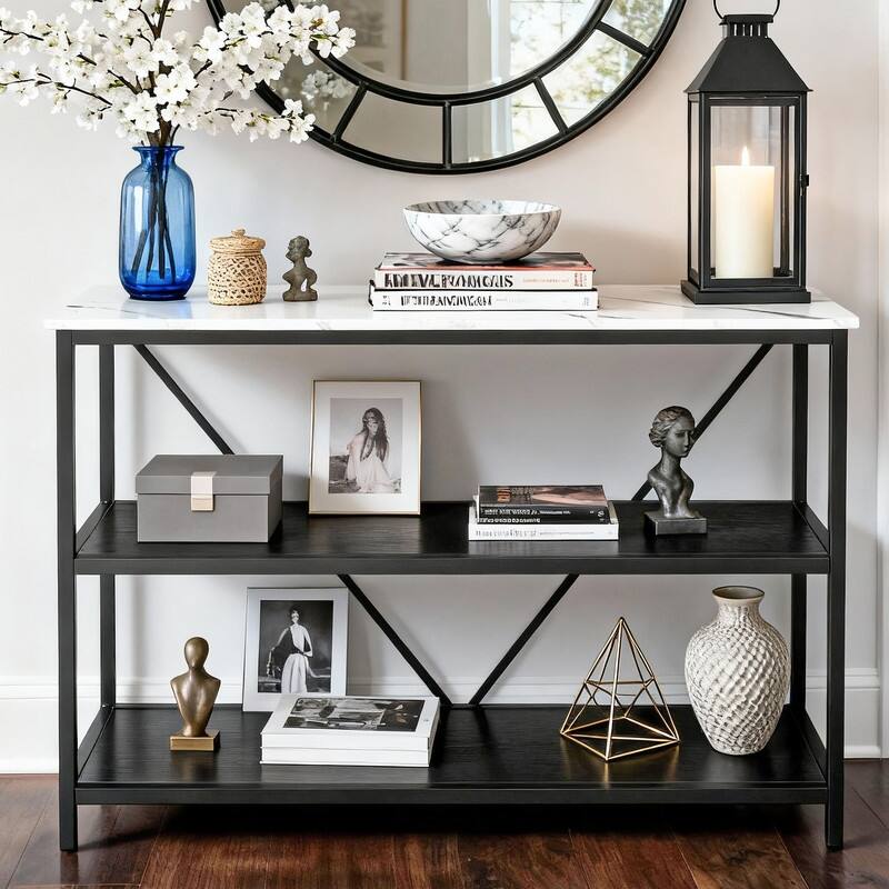 Modern Console Table with Marble-Inspired Top - Black/White