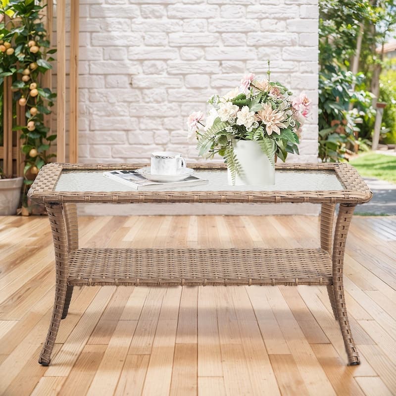 Stylish Outdoor Wicker Coffee Table with Glass Top