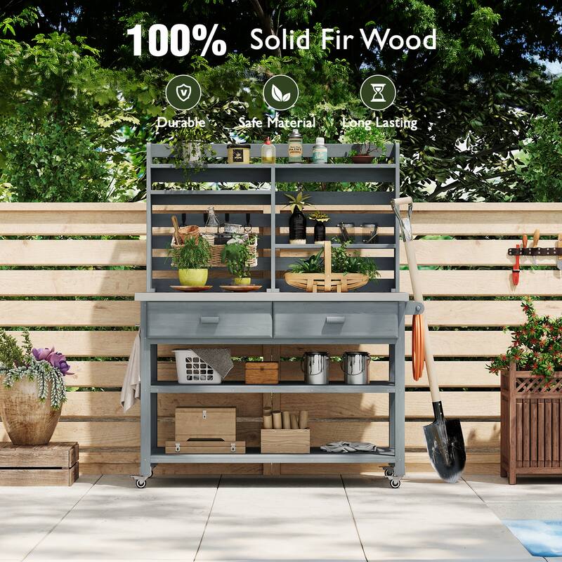 64.9"H Outdoor Potting Table with Lockable Wheels,Solid Wood Kitchen Island with Upper Hutch,Stainless Steel Top,Towel Rack