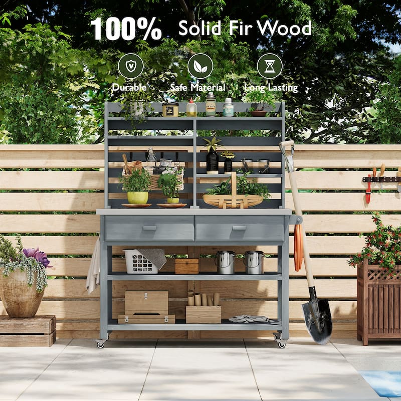 Outdoor Potting Bench Table with Lockable Wheels Solid Wood Kitchen Island and Stainless Steel Top