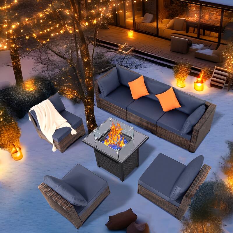 8 Pieces Wicker Outdoor Conversation Set with Fife Pit Table