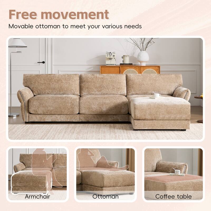 L-Shaped Modular Sectional Sofa with Ottoman, High Density Foam 4 Seater Sofa, Chenille Sofa with USB & Type-C Charger Ports