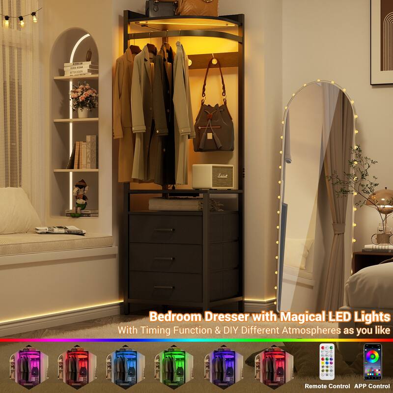 Corner Garment Rack with Power Outlets & LED Lights, Closet Organizer with 3 Fabric Drawers