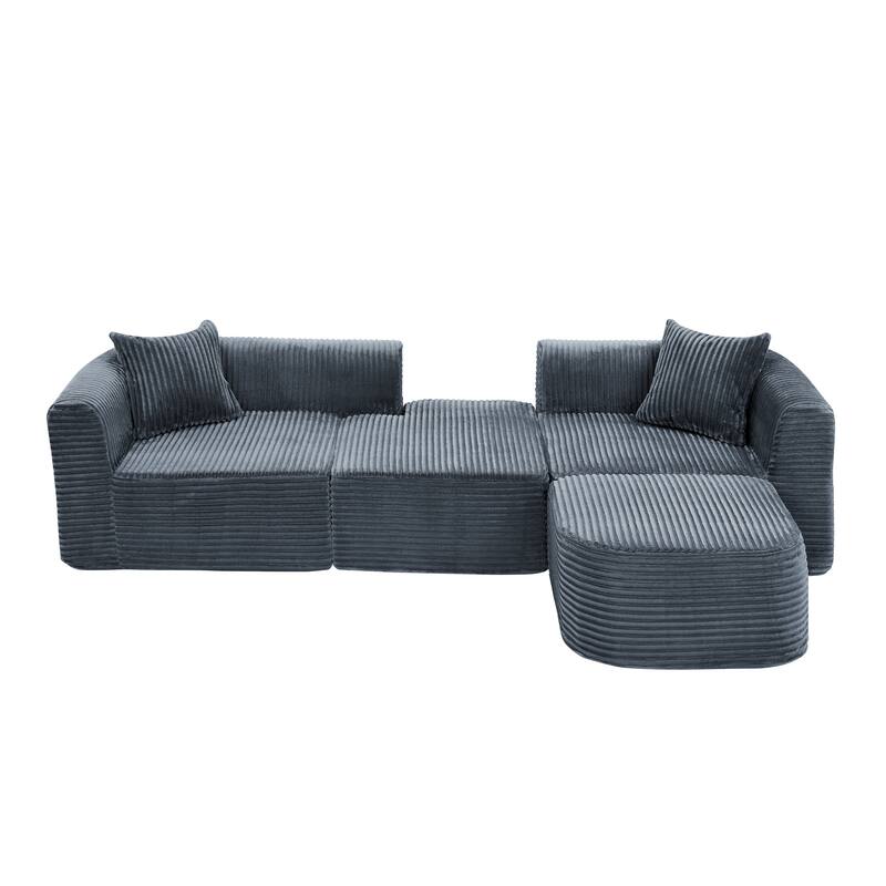 Corduroy Upholstered Couches L-shaped Sectional Sofa with Ottoman