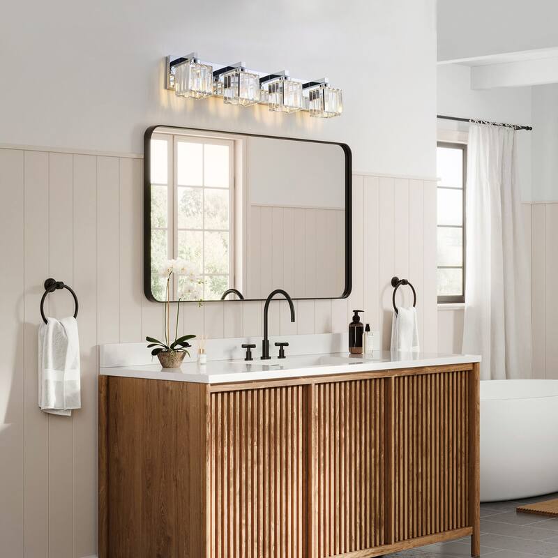 Modern Polished Chrome 4-Light Exquisite Textured Crystal Bathroom Vanity Lighting