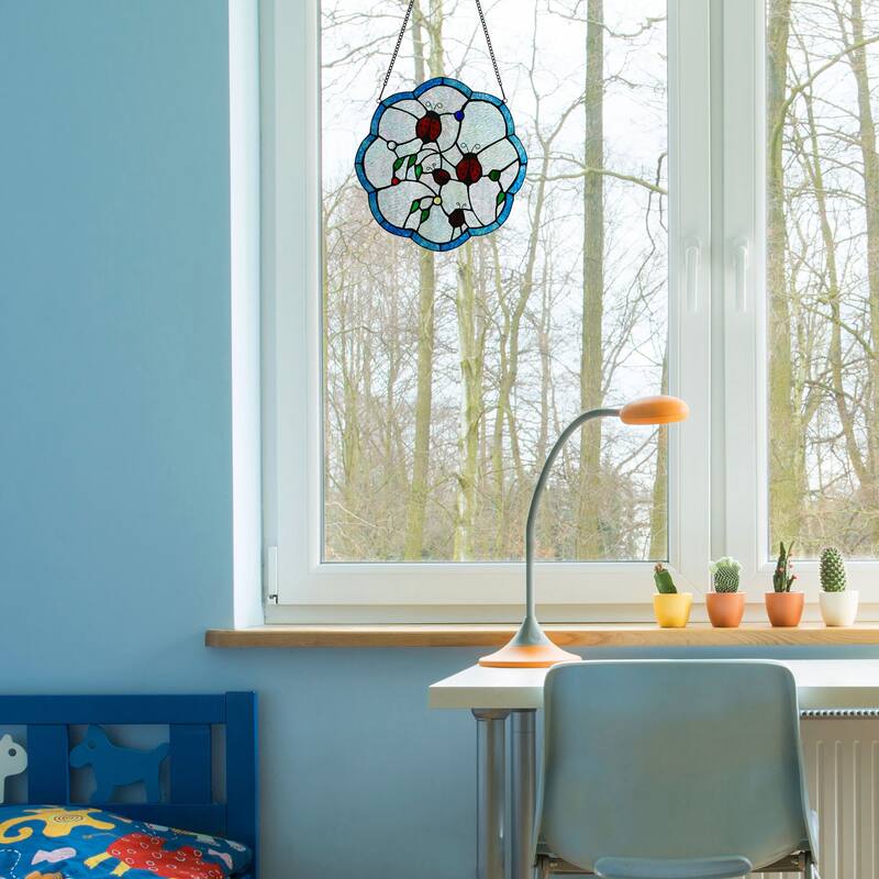 River of Goods Ladybugs on Flower River of Goods Multicolored Stained Glass Suncatcher Window Panel - 12" x 0.25" x 12"