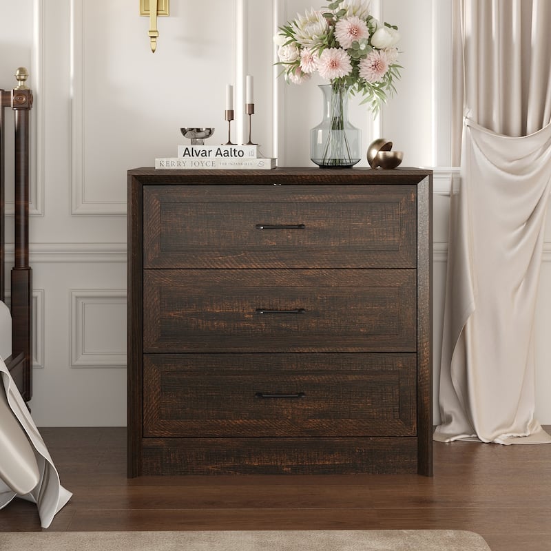 Modern 3-Drawer Wood Dresser for Bedroom, Wide Storage Chest with Metal Handles, Nightstand Cabinet - Dark Brown