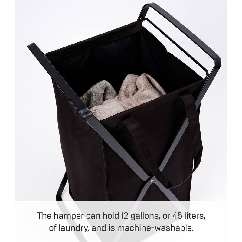 Yamazaki Home Laundry Hamper with Cotton Liner - Two Sizes, Steel and Cotton, Small, 12 gallons, 45 liters, Collapsible