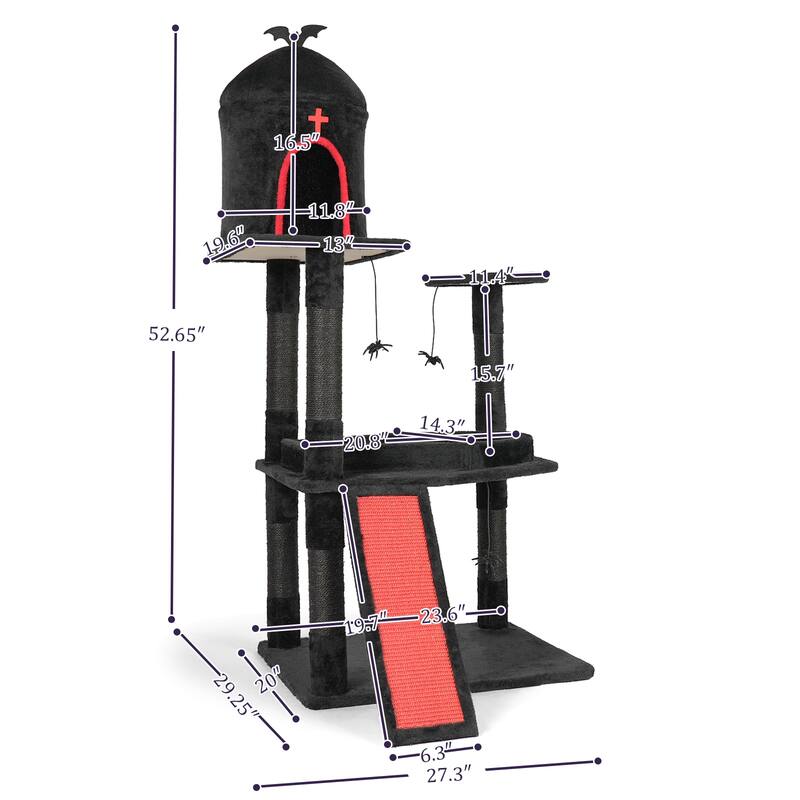 53" Gothic Cat Tree with Coffin Bed, Condo, Scratching Posts & Toys - 31.5 x 32.3 x 53.5 In
