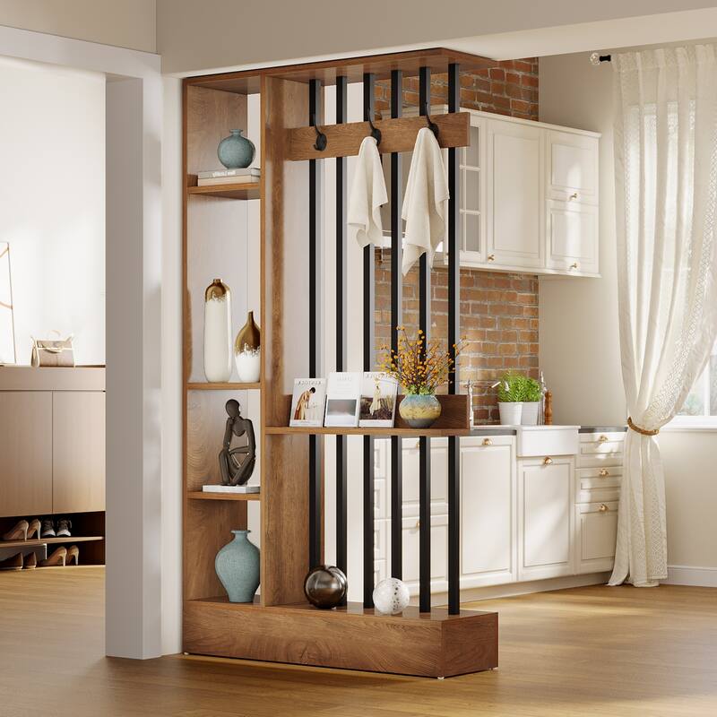 71" Wall Room Divider with Shelves & Coat Hooks