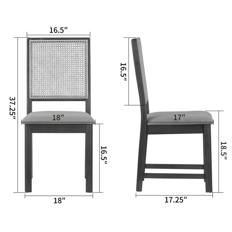 Set of 2 Baines Gray Fabric Dining Chair with High Rattan Back and Walnut Wood Legs