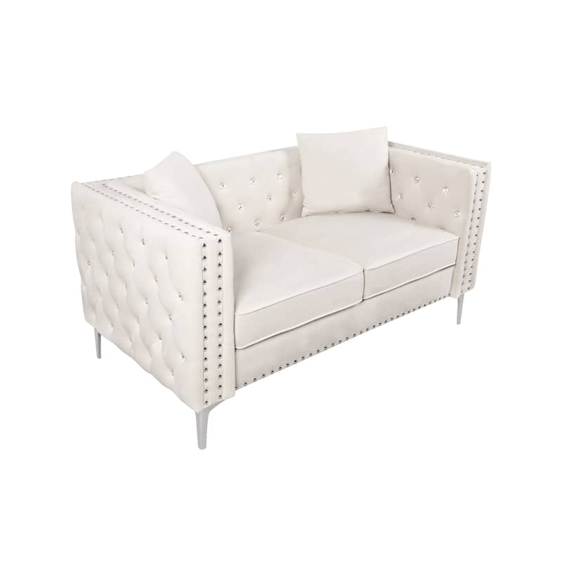82.3" Width Modern Velvet Sofa Jeweled Buttons Tufted Square Arm Couch ,2 Pillows Included,Beige,4 colors