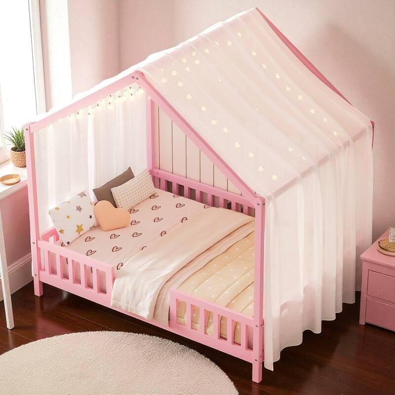 Montessori House Bed with Canopy, Twin/Full Kids Floor Bed Frame with High Railings, Wooden Roof Bed for Toddlers and Children