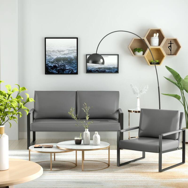 Mieres Mid-Century Style 3-Piece PU Leather Living Room Sofa Set Including 2 Armchairs and 1 Loveseat Sofa