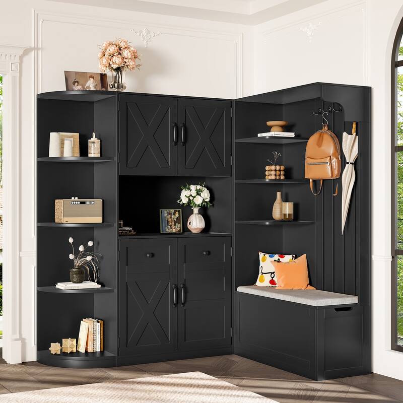 Multifunctional Left-Right Combination Hall Cabinet With Storage And 4 Hooks, Storage Cabinet/ Hall Tree 2 In 1