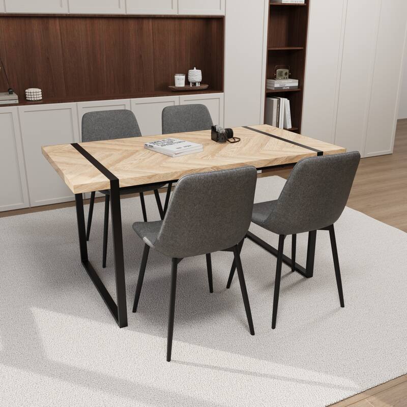 Modern Style 5-Piece Dining Set with Light Wood Rectangular Metal Base Table and 4 Square Corner Suede Dining Chairs