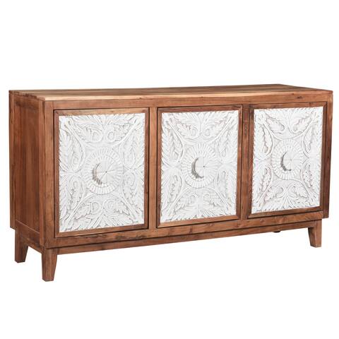 Wooden Sideboard Buffet with 3 Doors and Filigree Carving, Brown and Antique White