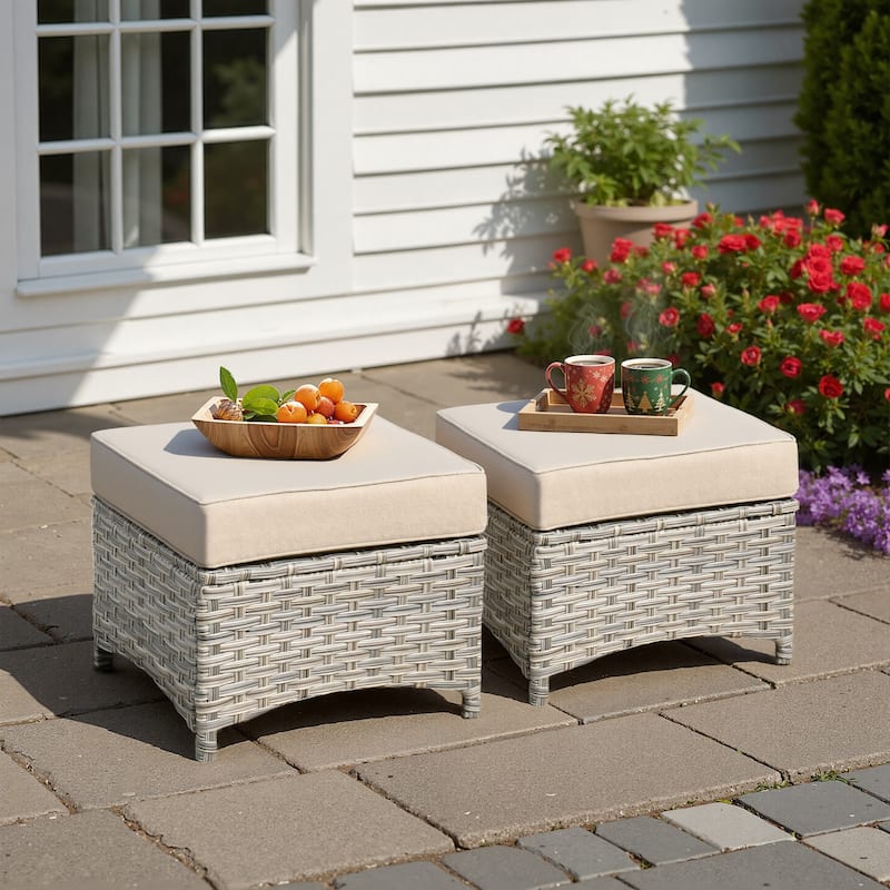 XIZZI Patio Wicker Ottoman with Cushion Outdoor Footrest - Beige