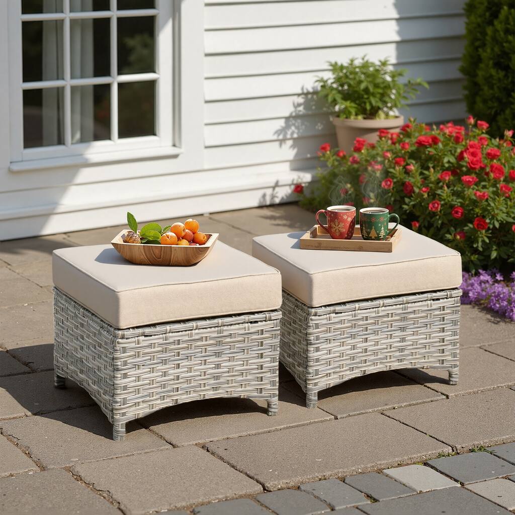 XIZZI Patio Wicker Ottoman with Cushion Outdoor Footrest