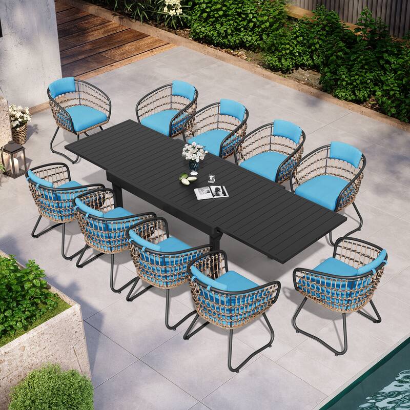 11PC Outdoor Aluminum Expandable Rectangle Patio Dining Sets Table with Rattan Chair - Table-Black&Chair-Blue