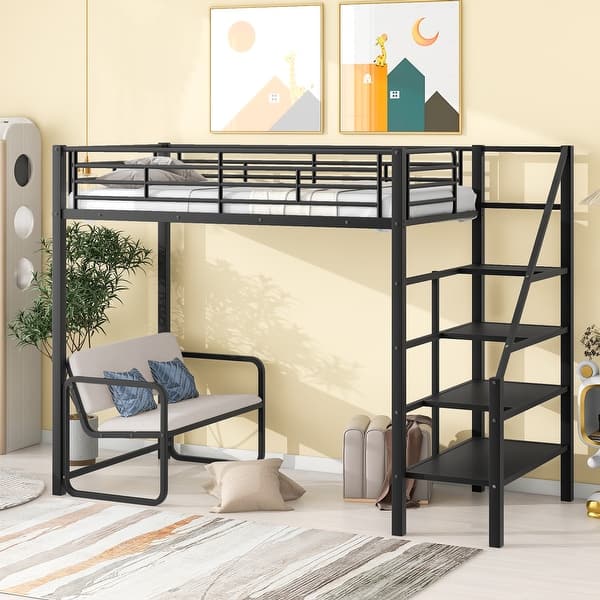 slide 2 of 7, Twin Size Metal Loft Bed with Bench and Storage Staircase Black