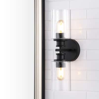 Jules Edison 16.5" Cylinder 2-Light Iron/Seeded Glass Farmhouse Contemporary LED Wall Sconce, Black by JONATHAN Y - One