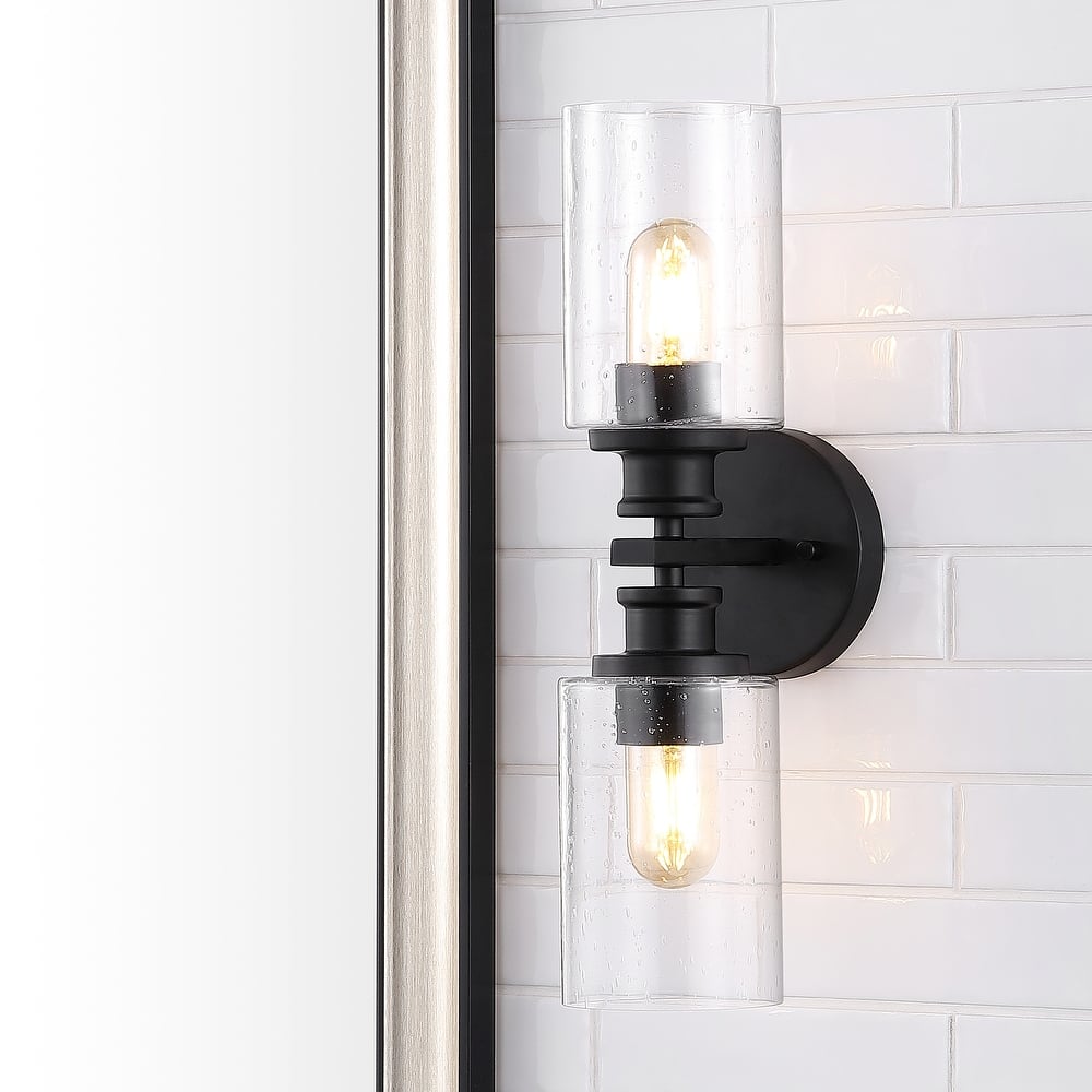 JONATHAN Y Jules Edison 16.5" Cylinder 2-Light Iron/Seeded Glass Farmhouse Contemporary LED Wall Sconce, Black - One