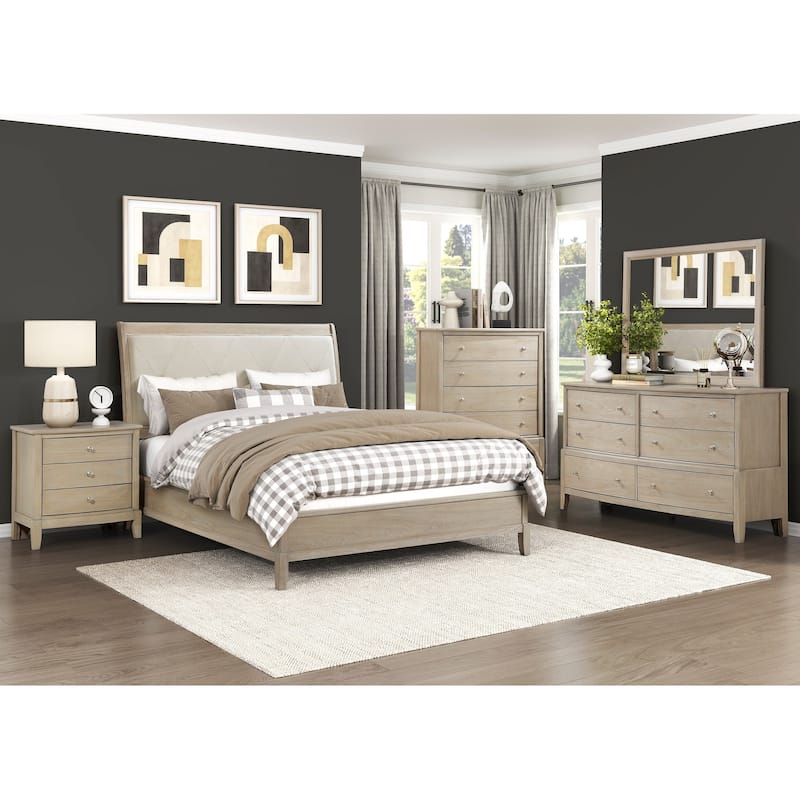 Beige Finish Bedroom Furniture Set Tufted Bed Dresser Mirror Nightstand Chest
